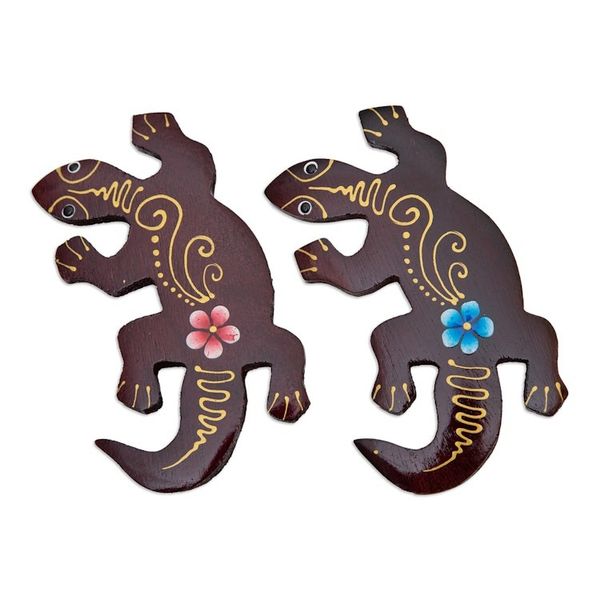 Alternate image for Set of 2 Hand-Painted Floral Lizard-Shaped Wood Magnets Paradisial Lizards
