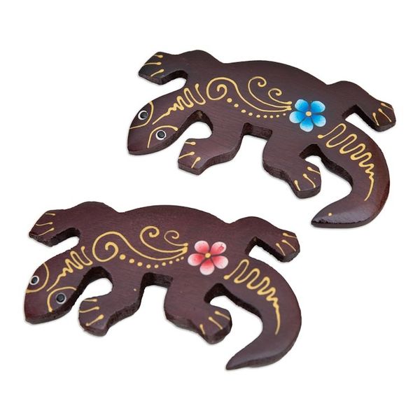 Alternate image for Set of 2 Hand-Painted Floral Lizard-Shaped Wood Magnets Paradisial Lizards