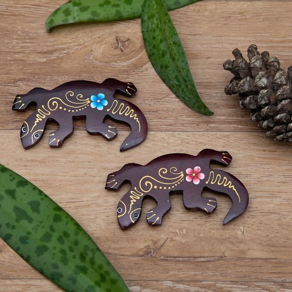 Alternate image for Set of 2 Hand-Painted Floral Lizard-Shaped Wood Magnets Paradisial Lizards