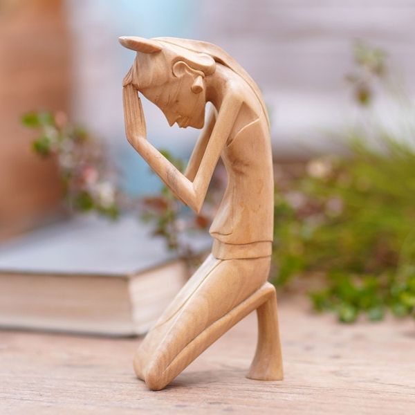 Alternate image for Artisan Hand Carved Wood Sculpture Woman Praying