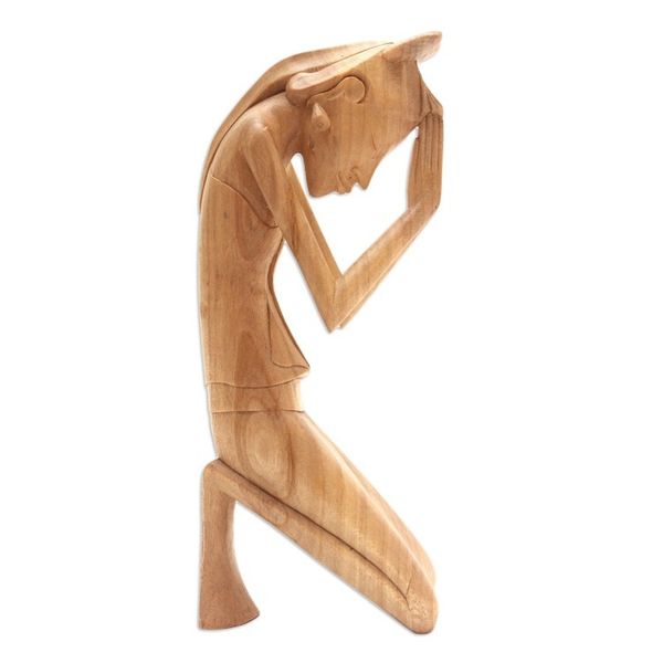 Alternate image for Artisan Hand Carved Wood Sculpture Woman Praying