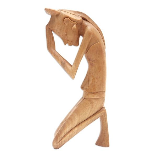 Alternate image for Artisan Hand Carved Wood Sculpture Woman Praying