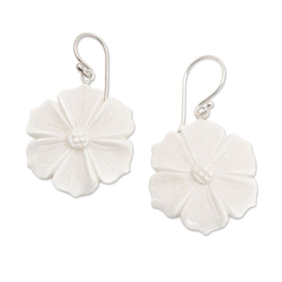 Hand-Carved Purple Clematis Bloom-Shaped Dangle Earrings 'Snowy Clematis'