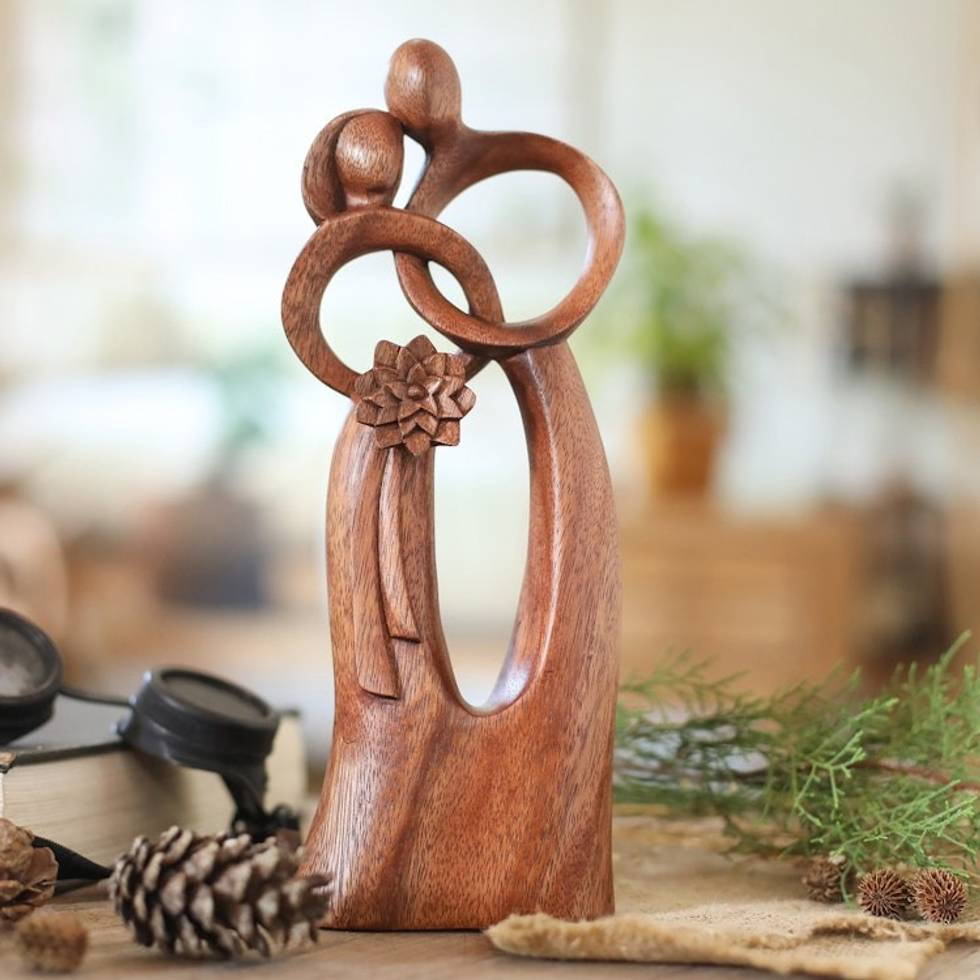 Hand-Carved Abstract Wood Sculpture of Couple on Wedding Day 'Devoted'