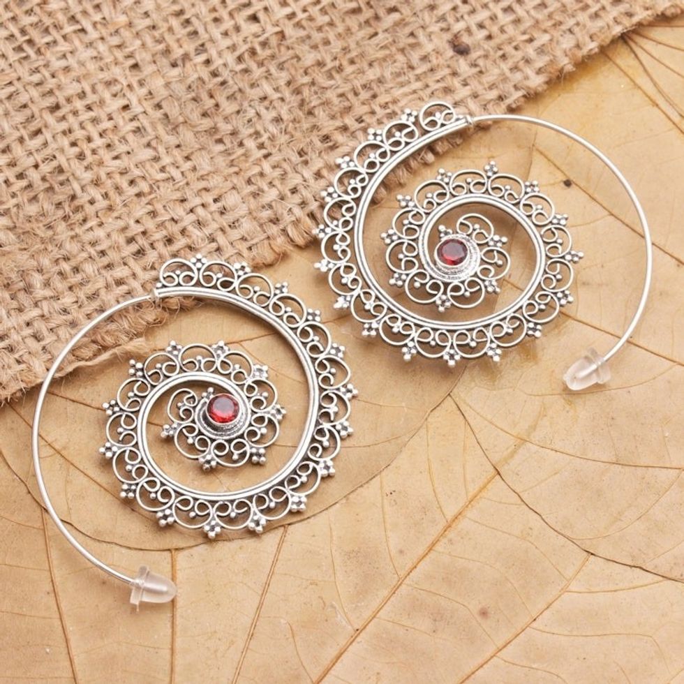 Garnet and Sterling Silver Drop Earrings from Bali 'Eternal Path in Red'