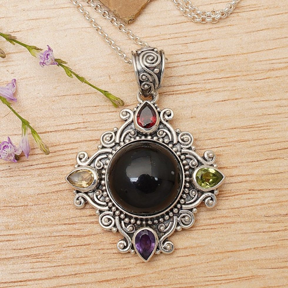 Multi-Gemstone Sterling Silver Hand-Carved Pendant Necklace 'Rainbow in the Dark'