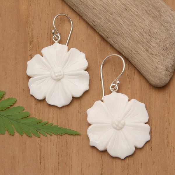 Alternate image for Hand-Carved Purple Clematis Bloom-Shaped Dangle Earrings Snowy Clematis