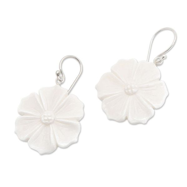 Alternate image for Hand-Carved Purple Clematis Bloom-Shaped Dangle Earrings Snowy Clematis