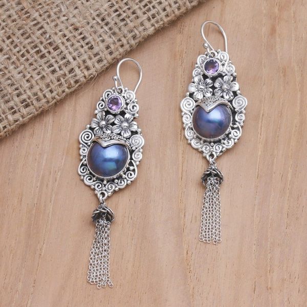 Alternate image for Amethyst and Cultured Pearl Dangle Earrings Winter Apple in Purple