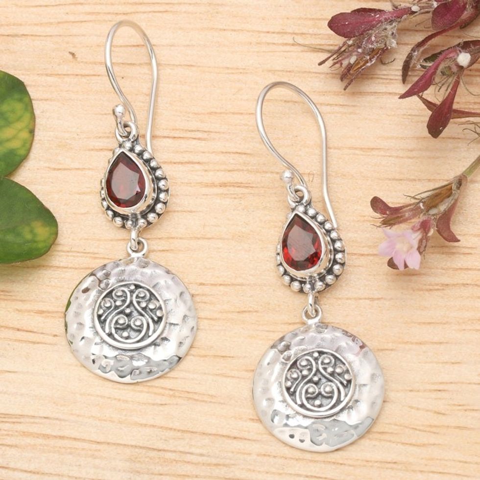 Faceted Pear-Shaped Garnet Dangle Earrings from Bali 'Bali's Red Paradise'