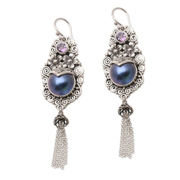 Alternate image for Amethyst and Cultured Pearl Dangle Earrings Winter Apple in Purple
