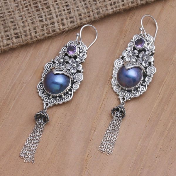 Alternate image for Amethyst and Cultured Pearl Dangle Earrings Winter Apple in Purple