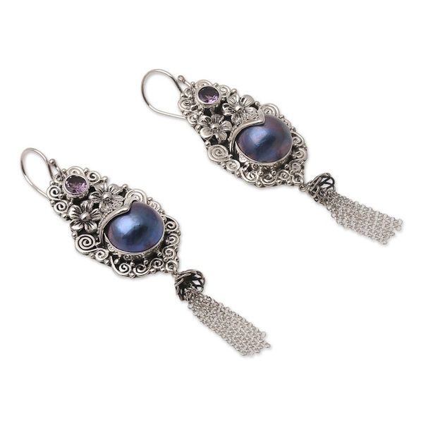 Alternate image for Amethyst and Cultured Pearl Dangle Earrings Winter Apple in Purple