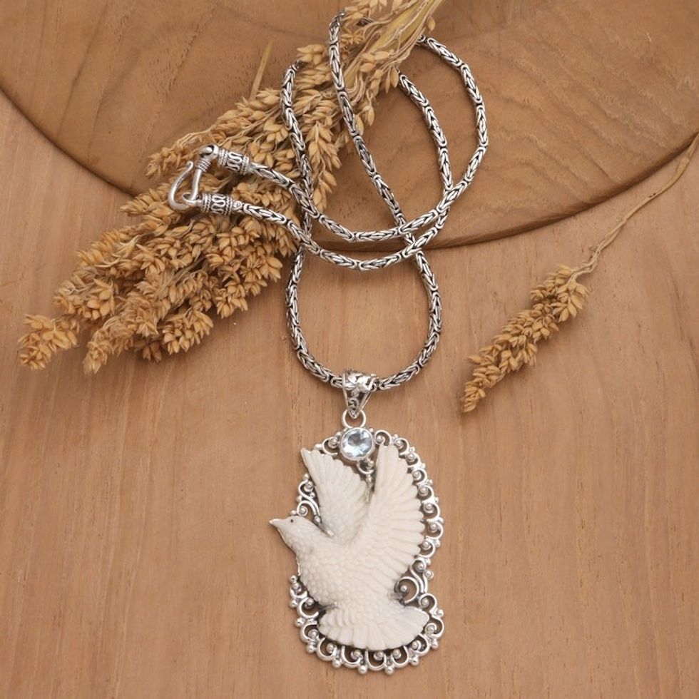 World Peace Dove Pendant Necklace, Faceted Blue Topaz 'Peace in Love'