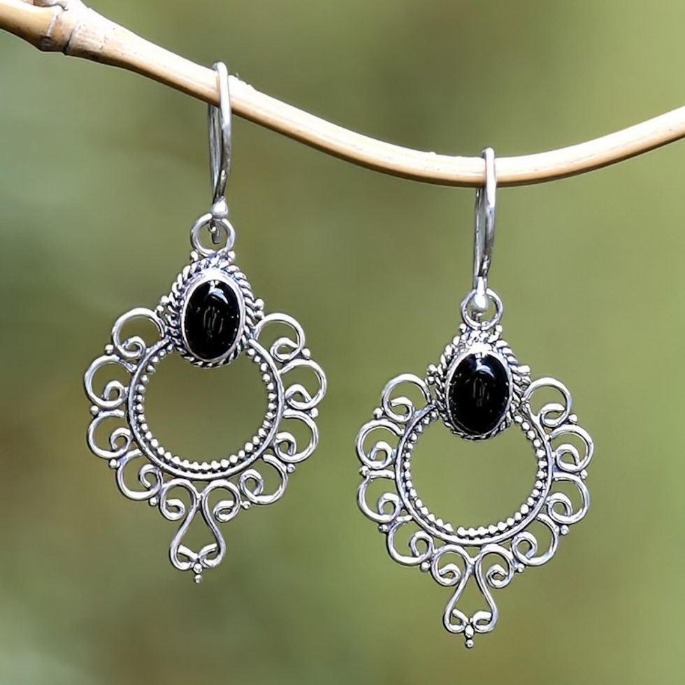 Swirling Sterling Silver Dangle Earrings with Onyx Cabochons 'Protective Morning Flowers'