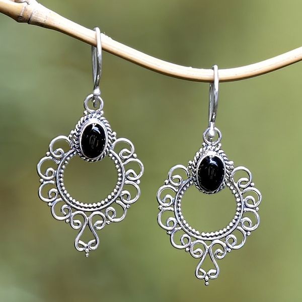 Alternate image for Swirling Sterling Silver Dangle Earrings with Onyx Cabochons Protective Morning Flowers
