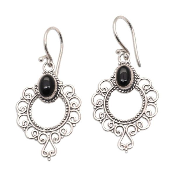 Alternate image for Swirling Sterling Silver Dangle Earrings with Onyx Cabochons Protective Morning Flowers