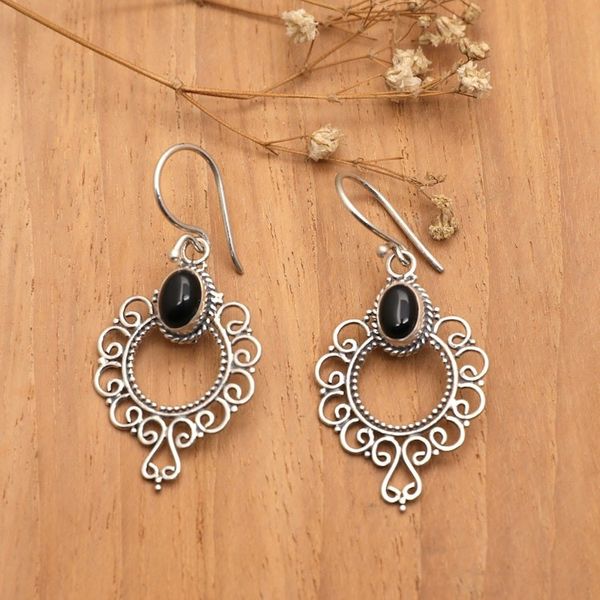 Alternate image for Swirling Sterling Silver Dangle Earrings with Onyx Cabochons Protective Morning Flowers