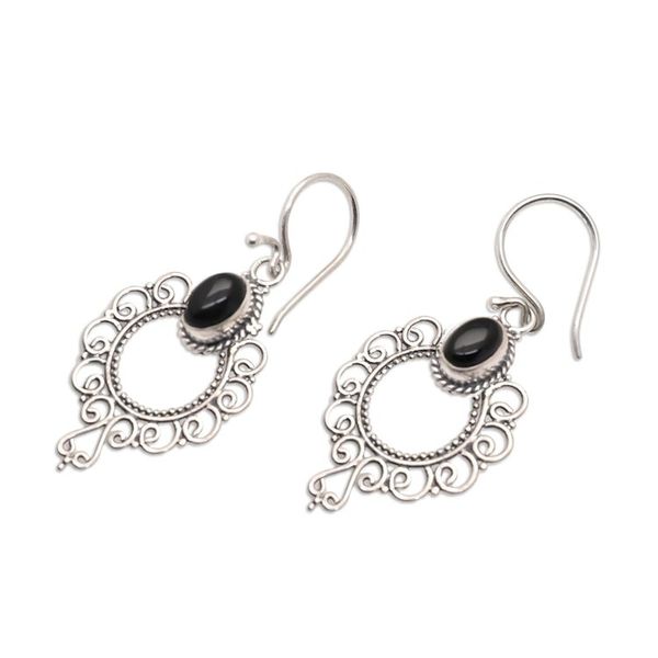 Alternate image for Swirling Sterling Silver Dangle Earrings with Onyx Cabochons Protective Morning Flowers