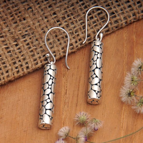 Alternate image for Bubble-Patterned Cylindrical Sterling Silver Dangle Earrings Bubble Empress