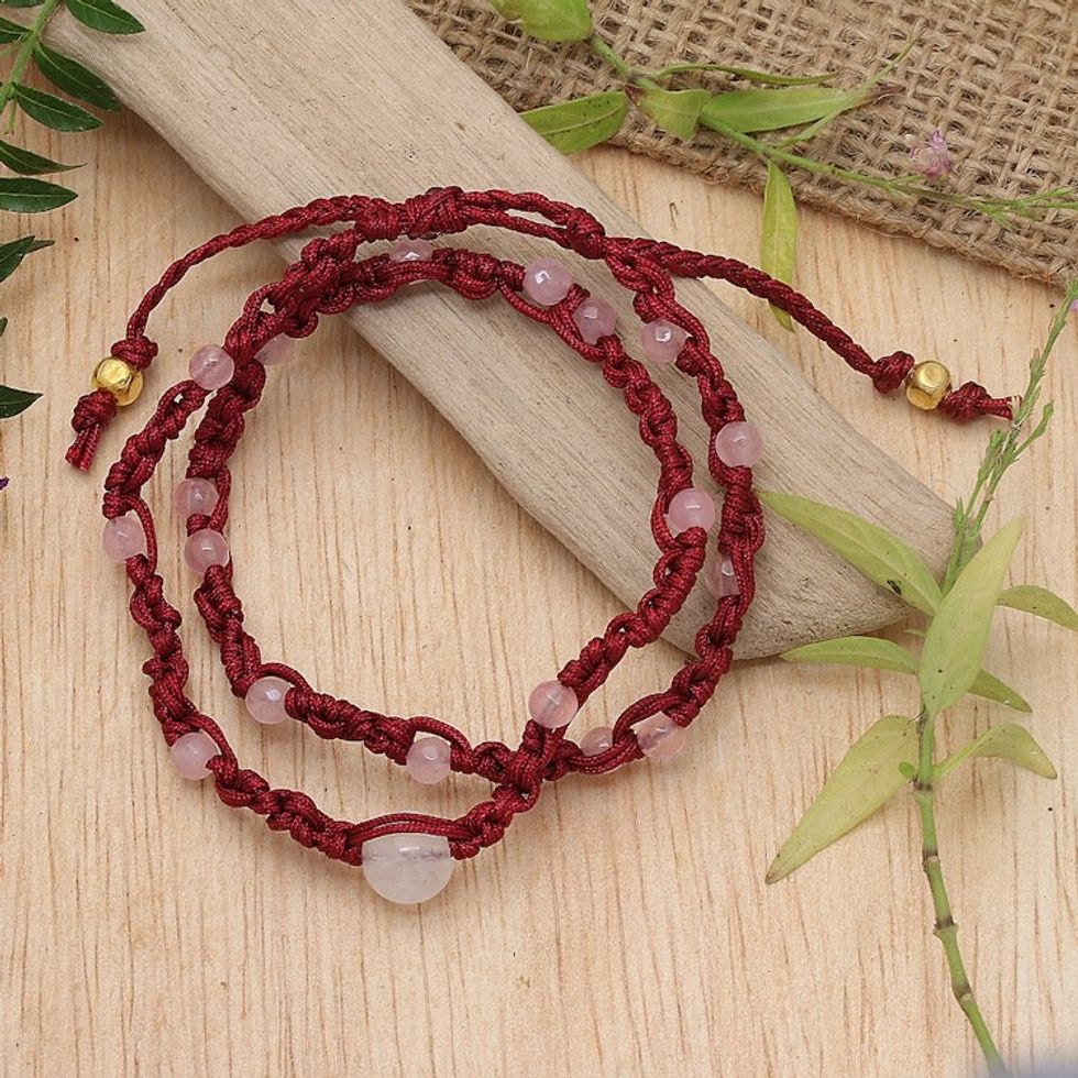 Rose Quartz and Rainbow Moonstone Macrame Wrap Bracelet 'Pure Glam'