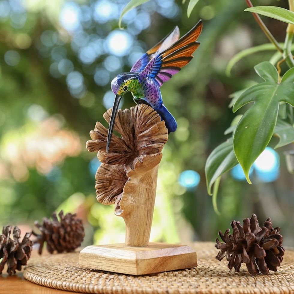 Mushroom-Shaped Wood Sculpture with Colorful Hummingbird 'Divine Bird'