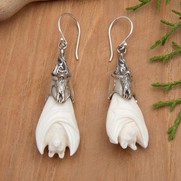 Alternate image for Bat-Themed Sterling Silver Dangle Earrings in White Angel Bat