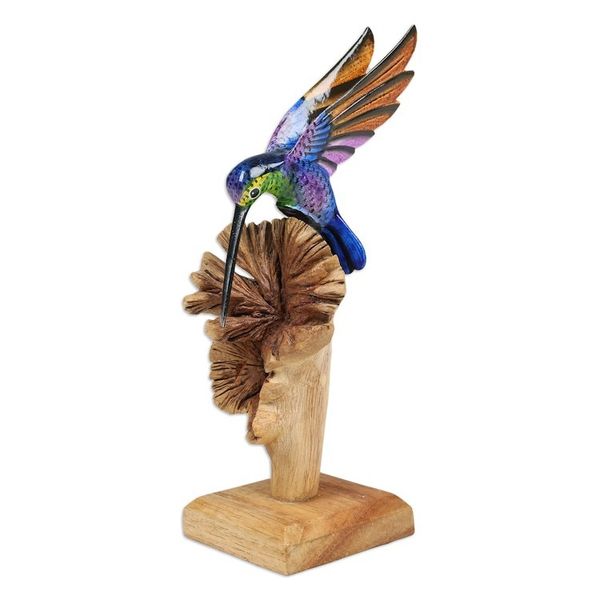 Alternate image for Mushroom-Shaped Wood Sculpture with Colorful Hummingbird Divine Bird