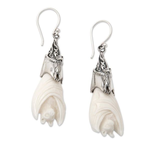 Alternate image for Bat-Themed Sterling Silver Dangle Earrings in White Angel Bat