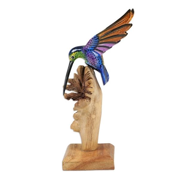 Alternate image for Mushroom-Shaped Wood Sculpture with Colorful Hummingbird Divine Bird