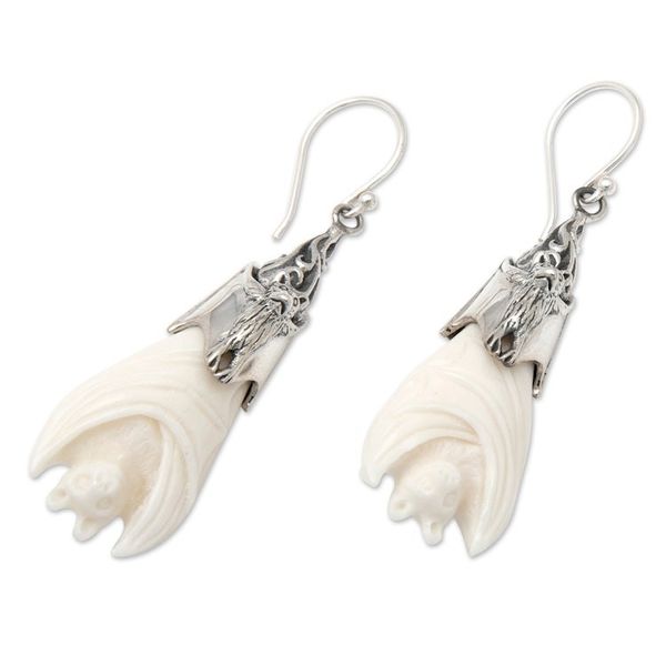 Alternate image for Bat-Themed Sterling Silver Dangle Earrings in White Angel Bat