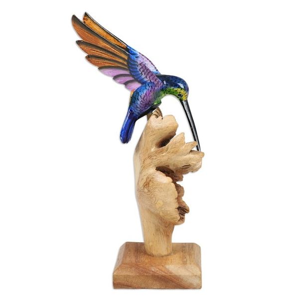 Alternate image for Mushroom-Shaped Wood Sculpture with Colorful Hummingbird Divine Bird
