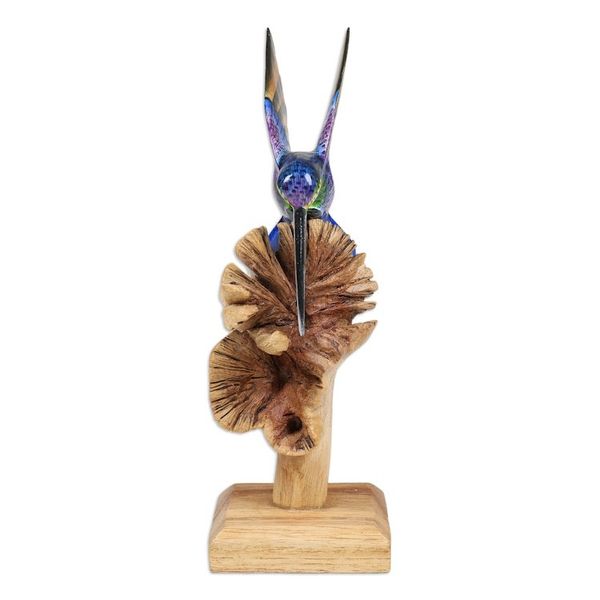 Alternate image for Mushroom-Shaped Wood Sculpture with Colorful Hummingbird Divine Bird