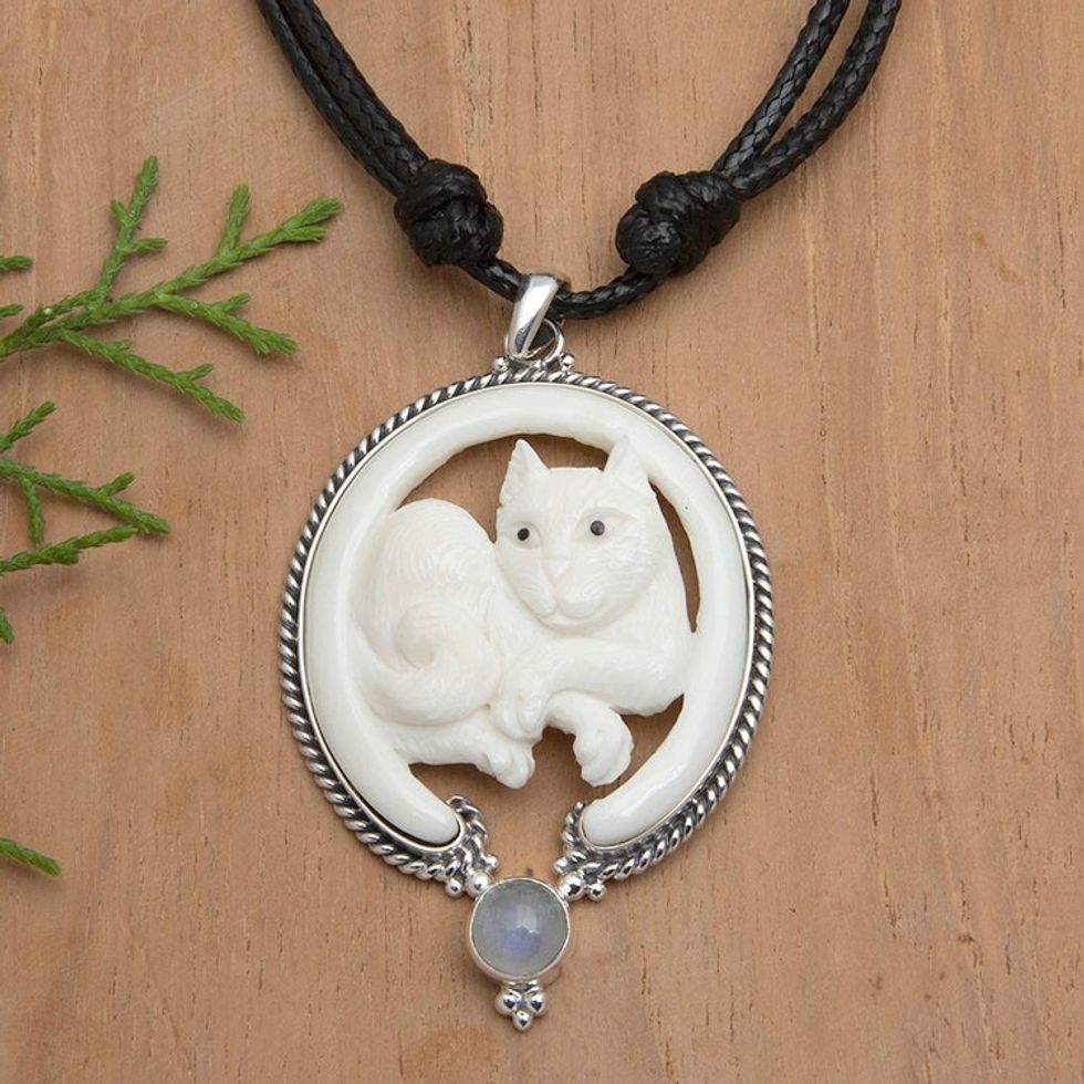 Cat-Themed Pendant Necklace with Rainbow Moonstone 'Harmony Kitten'