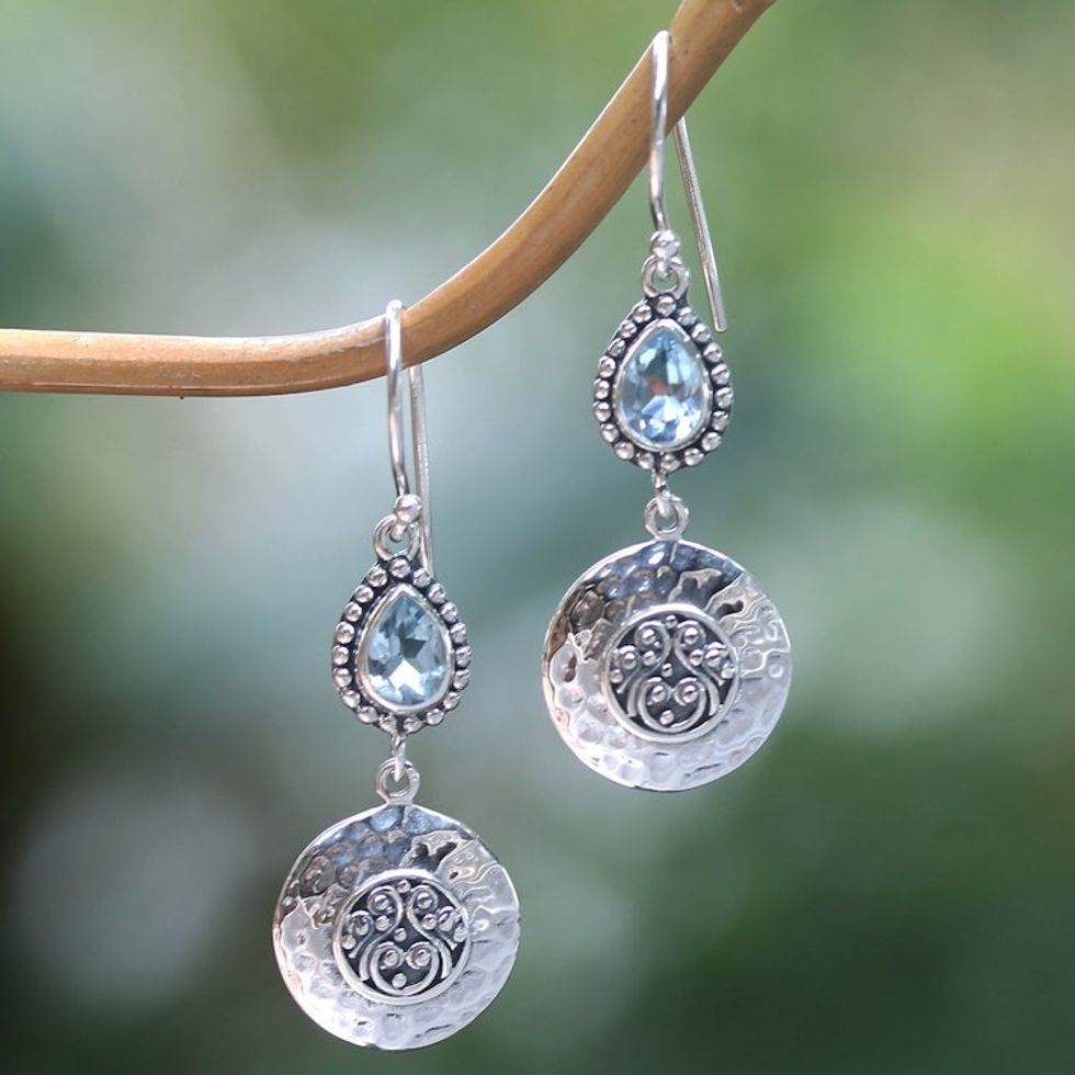 Faceted Pear-Shaped Blue Topaz Dangle Earrings from Bali 'Bali's Blue Paradise'