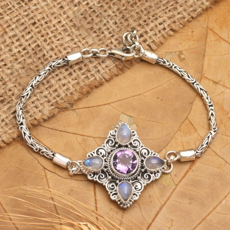 Traditional Rainbow Moonstone and Amethyst Pendant Bracelet 'Sparkling Girl'