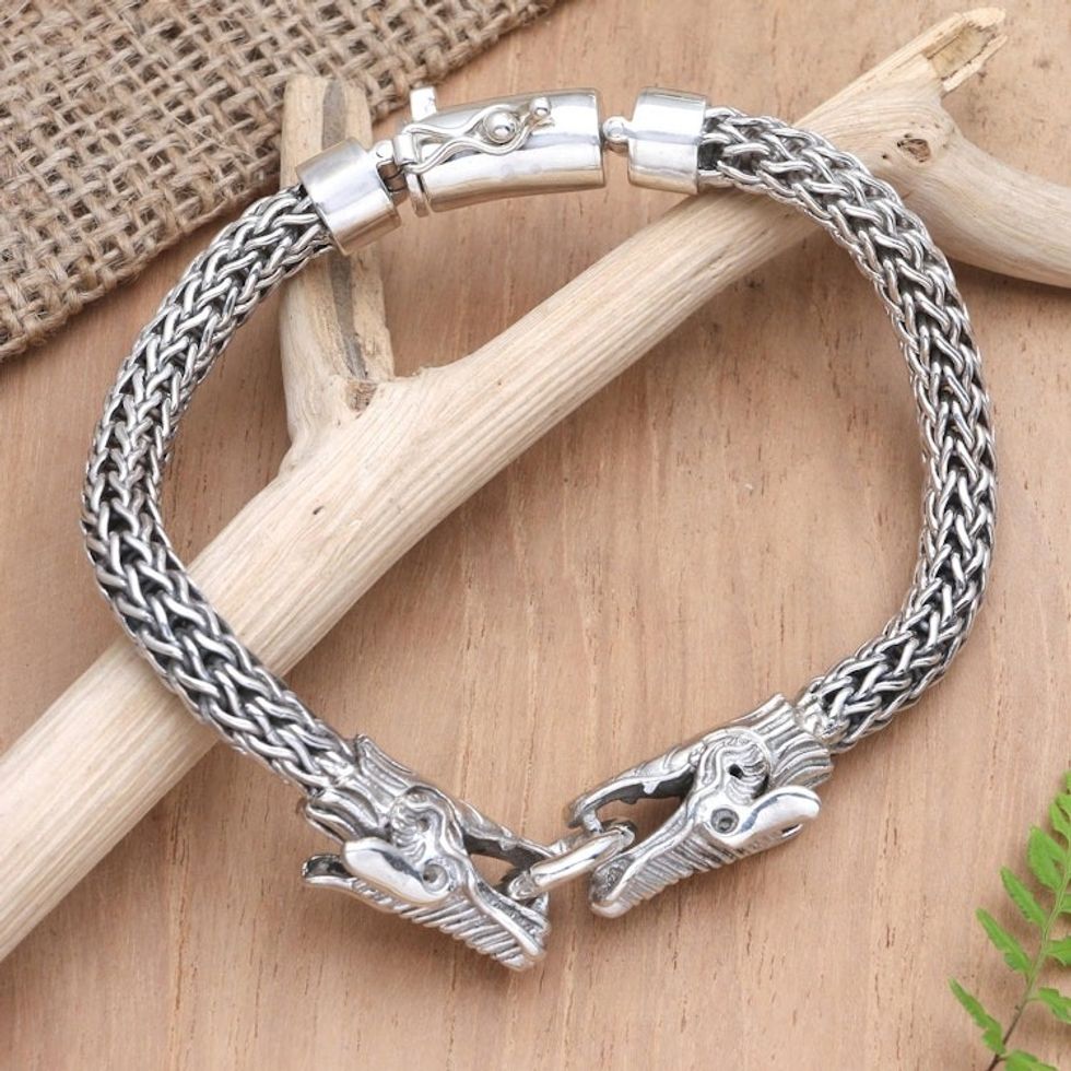 Men's Sterling Silver Pendant Bracelet with Dragon Motif 'Dragon's Fight'