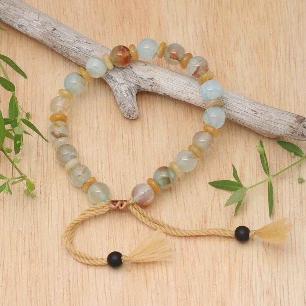 Adjustable Inspirational Aquamarine Beaded Bracelet 'Interior Fire'