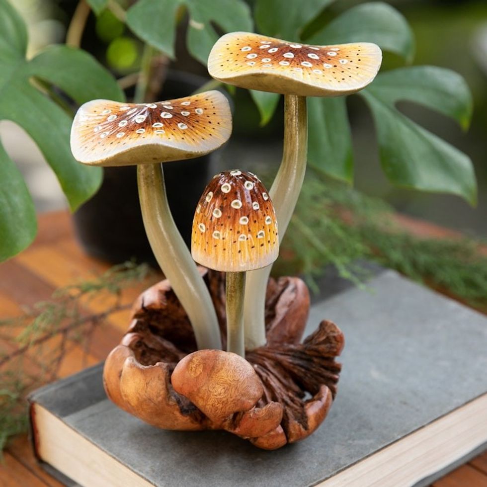 Handmade Nature-Themed Wood Sculpture of Amanita Mushroom 'Giant Amanita'