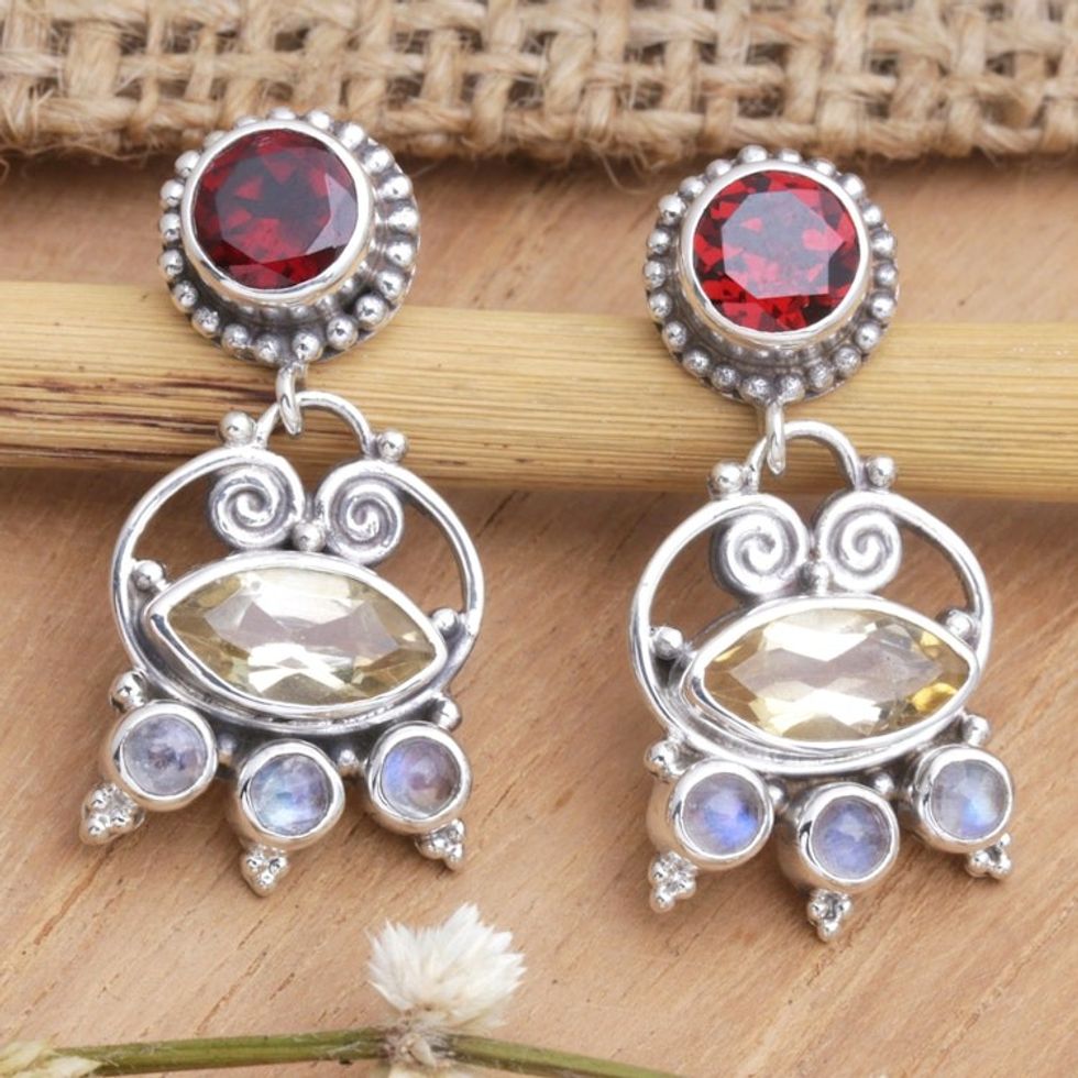 Sterling Silver Dangle Earrings with Multiple Gemstones 'Sunshine Lady'
