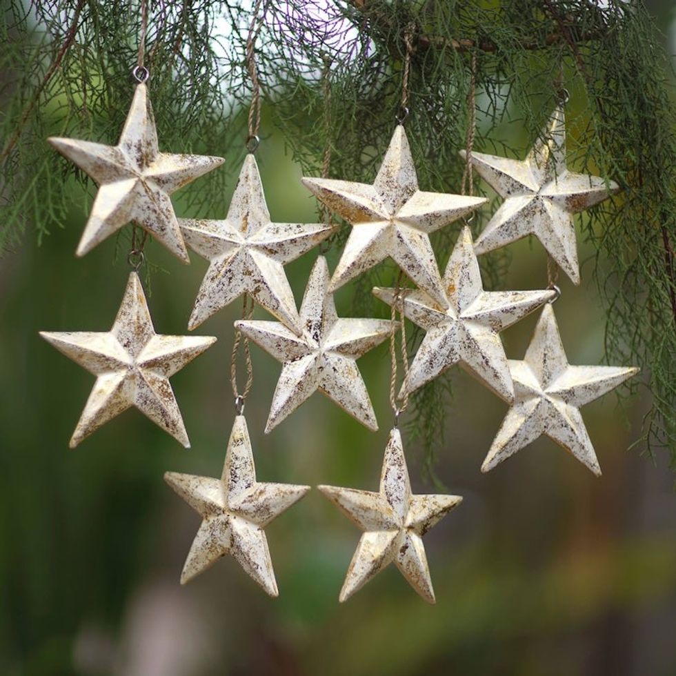 Set of 10 White Wood Star Ornaments with Golden Glitter 'Twinkling Stars'