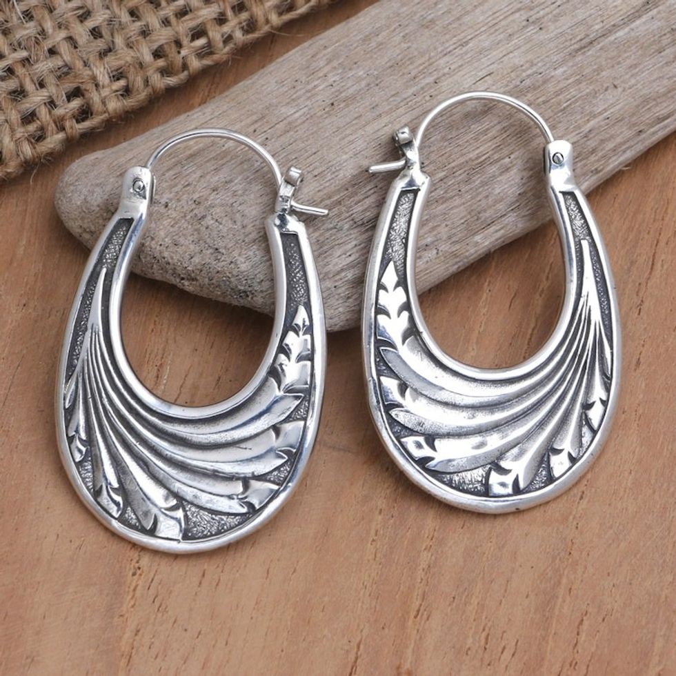 Handmade Sterling Silver Sea Catch Hoop Earrings from Bali 'Time Warp'