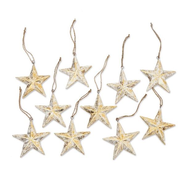 Alternate image for Set of 10 White Wood Star Ornaments with Golden Glitter Twinkling Stars