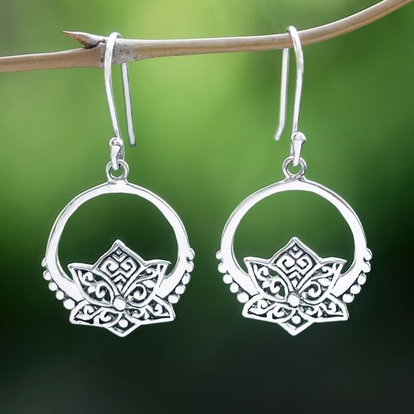 Alternate image for Lotus-Themed Sterling Silver Dangle Earrings Made in Bali Lotus Pond