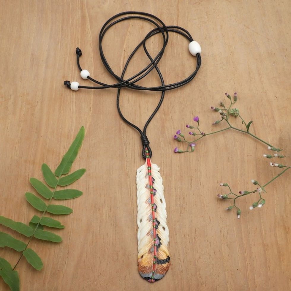 Hand-Painted Brown Feather Pendant Necklace from Bali 'Stable Freedom'