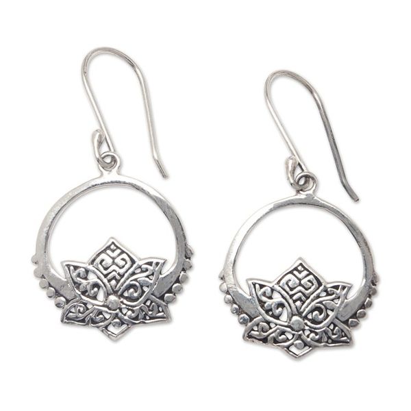 Alternate image for Lotus-Themed Sterling Silver Dangle Earrings Made in Bali Lotus Pond