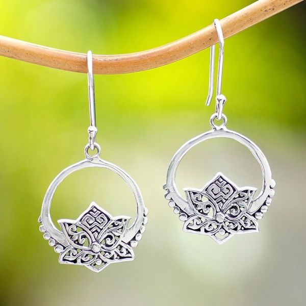Alternate image for Lotus-Themed Sterling Silver Dangle Earrings Made in Bali Lotus Pond