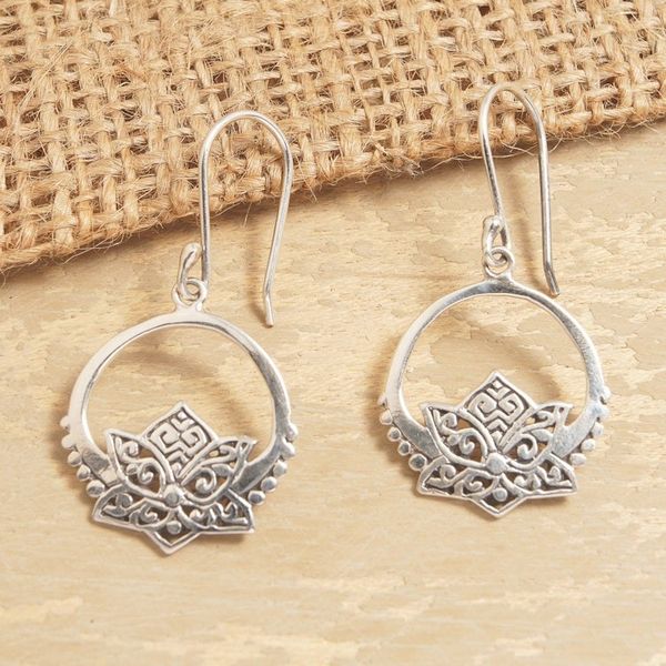 Alternate image for Lotus-Themed Sterling Silver Dangle Earrings Made in Bali Lotus Pond