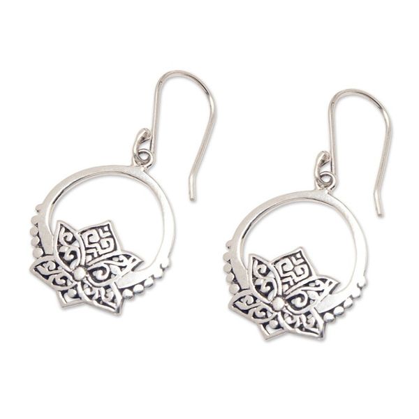 Alternate image for Lotus-Themed Sterling Silver Dangle Earrings Made in Bali Lotus Pond