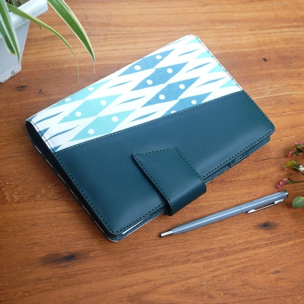 Handcrafted Batik Faux Leather Planner in Green from Java 'Ivy Geometry'